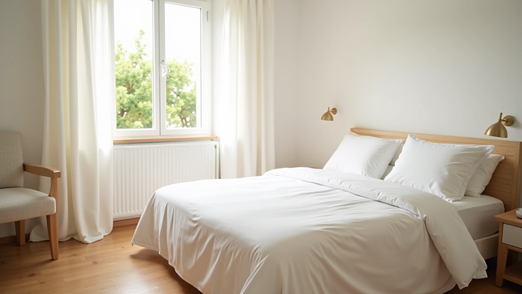 Quarto limpo e arejado com cama com roupa branca fresca, janelas abertas com cortinas leves ao vento