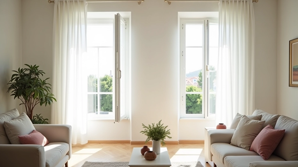 Sala de estar com duas janelas abertas em lados opostos, cortinas brancas movidas pela brisa, luz natural abundante