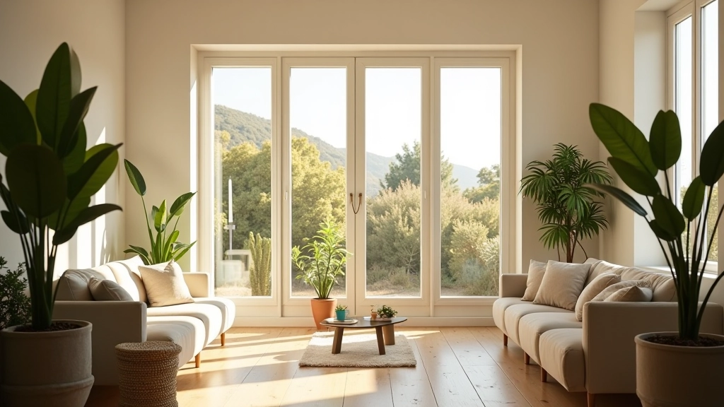 Sala luminosa com luz natural e plantas, criando espaço acolhedor de bem-estar