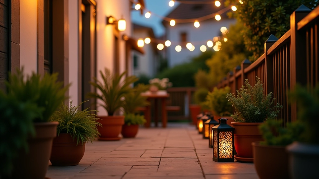 Detalhe de terraço com vasos de plantas, luzes LED suspensas, lanternas decorativas, ambiente acolhedor ao anoitecer