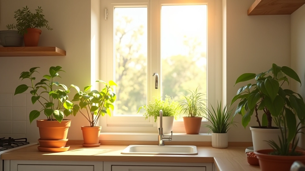Cozinha com janelas abertas de manhã, luz natural, plantas junto às janelas, ambiente fresco e natural