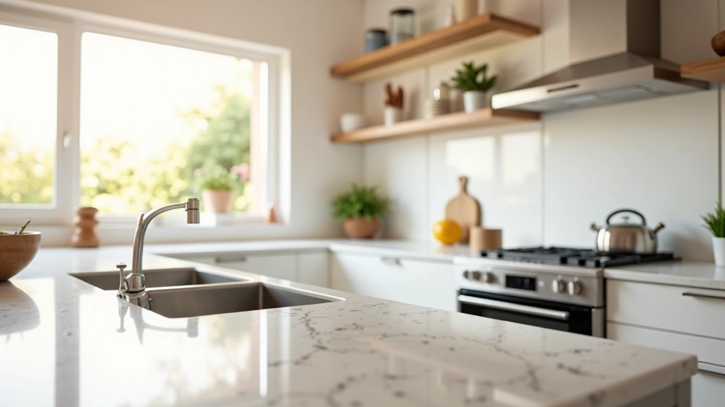 Cozinha limpa e reluzente com superfícies de granito brilhando e eletrodomésticos sem nódoas